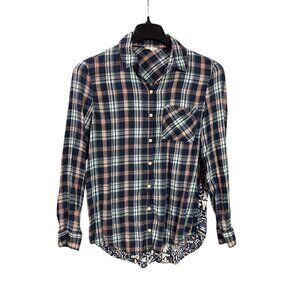 Aeropostale Womens Plaid Button Front Top Abstract Patterned Back Panel M Rayon